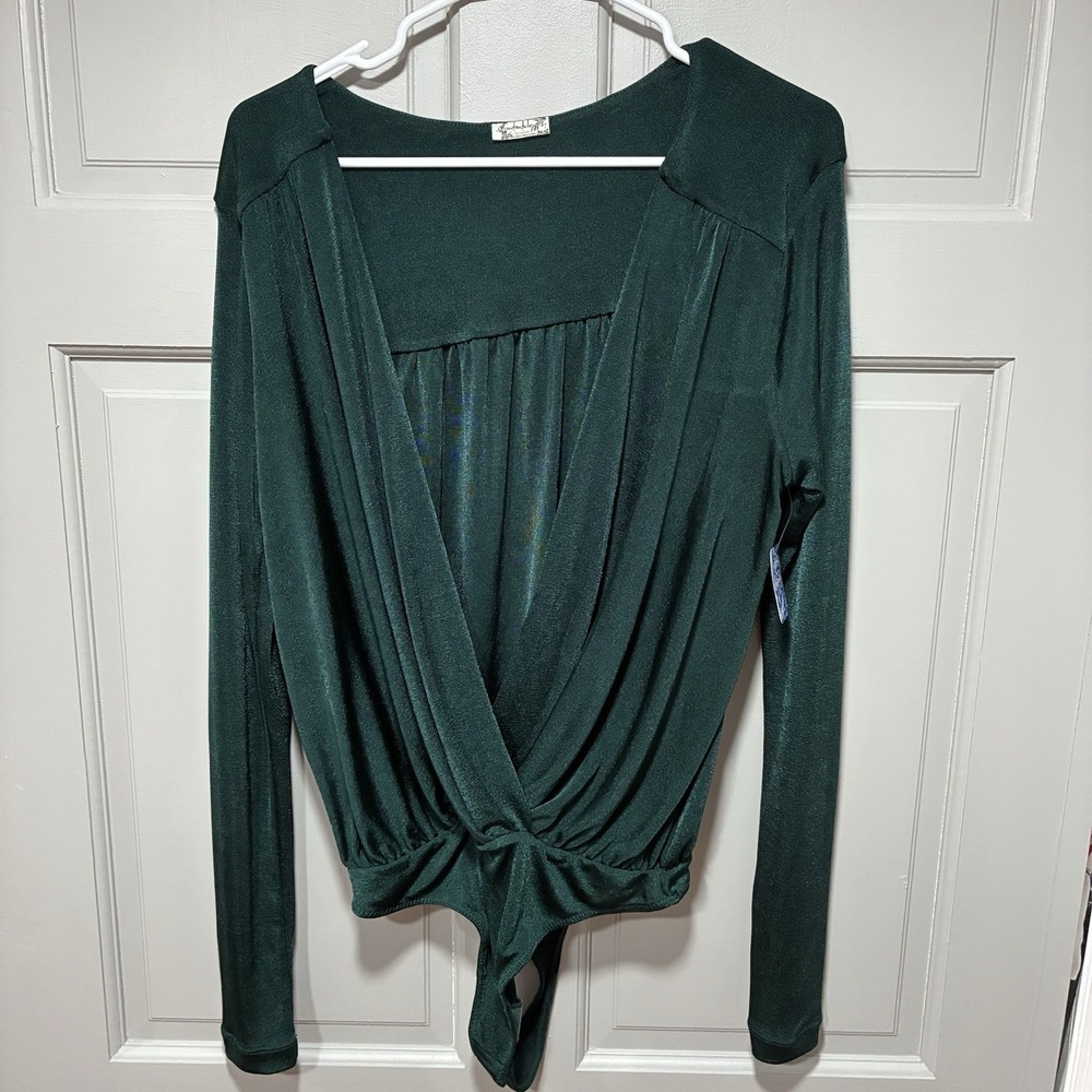 Intimately Free People Women Shimmery Bodysuit L Green V Neck Long Sleeve Thong